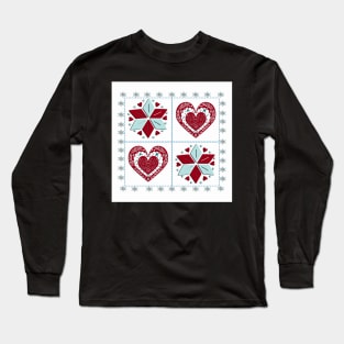 Winter Design Nordic Scandinavian Heart & Star Pattern Snowflake Design Quilt Long Sleeve T-Shirt